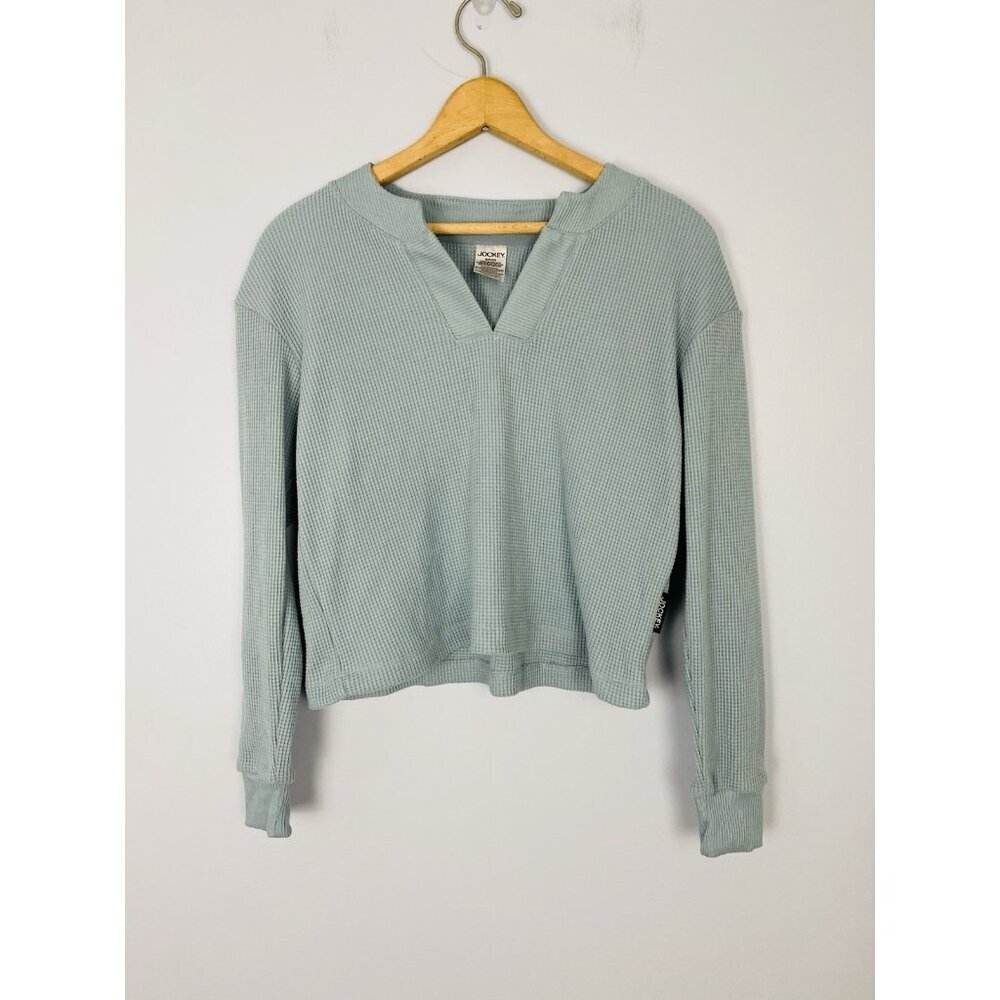 Jockey Womens Size Small Cropped V Neck Long Sleeve Waffle Knit Loungewear Top